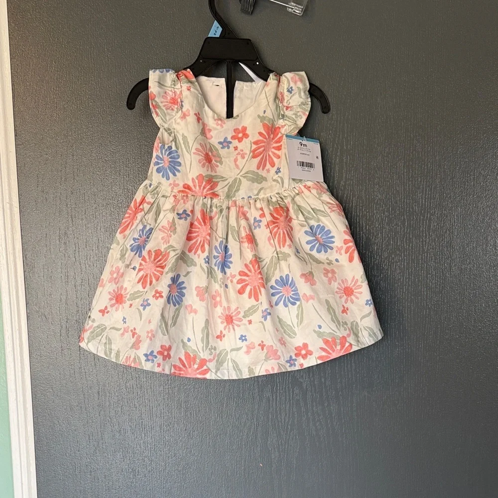 Baby Girl Floral Ruffle Sleeve Dress - White with Pink & Blue Flowers